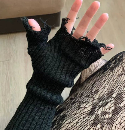 Black tattered punk fingerless cuff knit gloves, unisex pair with distressed design