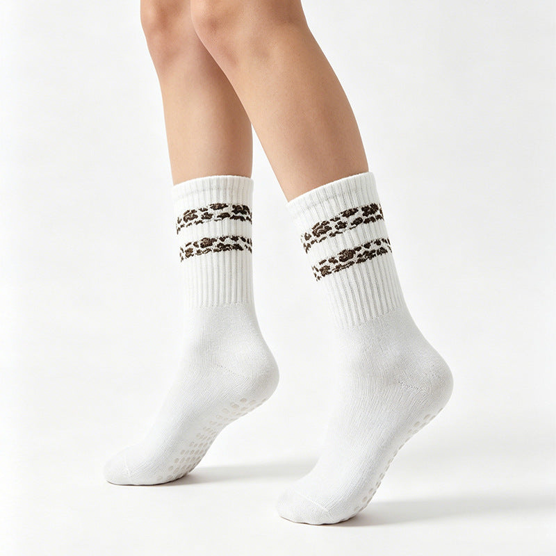 Striped leopard-print floor socks for women, soft non-slip footwear design