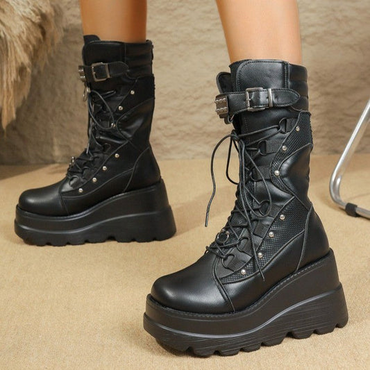 Plus-size dark edgy punk-style platform fashion boots with a versatile design
