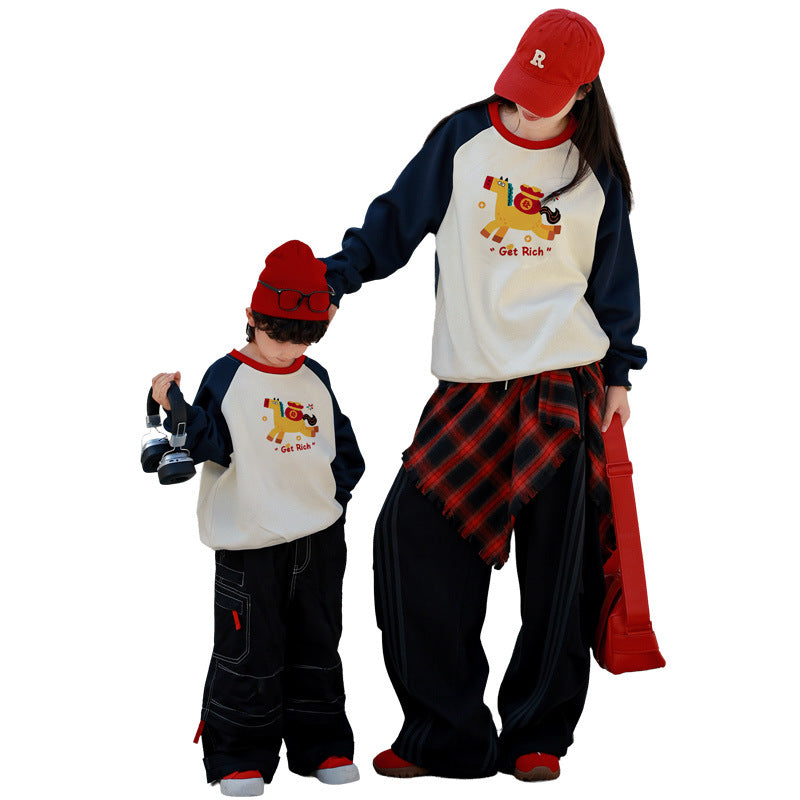 Parent-child matching sweatshirts, soft breathable non-pilling spring-autumn family outfits