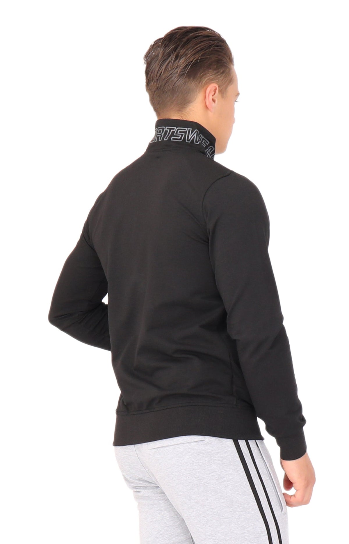 Back view of SCR Sportswear men's All-Day Comfort full zip sweatshirt, an athletic-casual bomber jacket with a relaxed fit.
