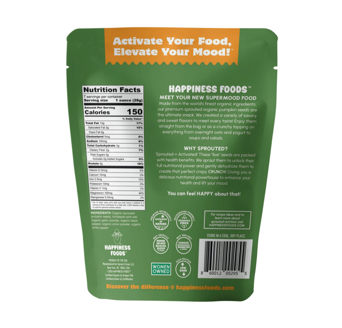 Back view of a Zesty Garlic spice bag from happinessfoods.com showing the packaging and label.