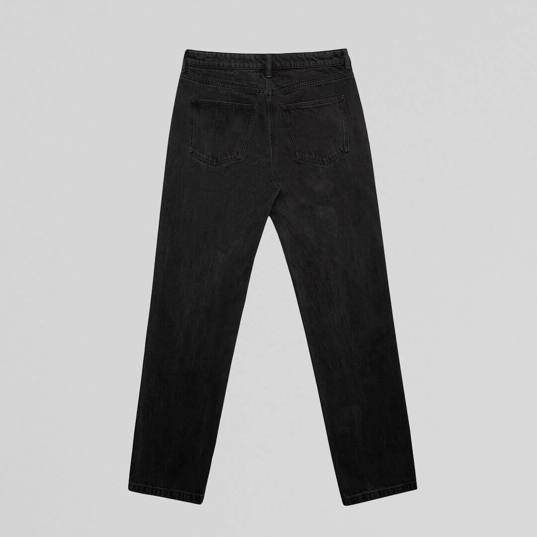 Black NU-VEL straight jeans showing the back view with classic pockets and clean fit, made of durable denim fabric.