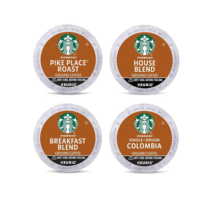 Starbucks Blonde K-Cup coffee pods in a variety pack, including medium, dark roast, and flavored options for hot or iced coffee.