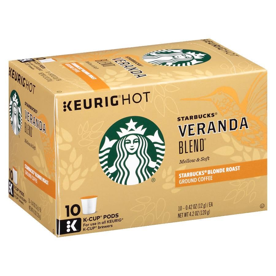Starbucks Blonde K-Cup coffee pods in a variety pack featuring medium, dark roast, and flavored options for hot or iced coffee.