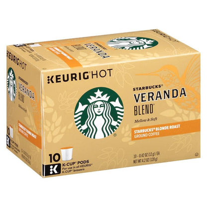 Starbucks Blonde K-Cup coffee pods in a variety pack featuring medium, dark roast, and flavored options for hot or iced coffee.