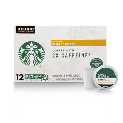 Starbucks Blonde K-Cup coffee pods in a variety pack, including medium, dark roast, and flavored options for hot or iced coffee.