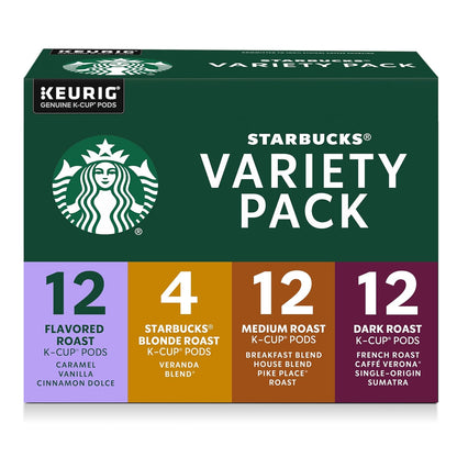Assorted Starbucks Blonde, Medium, Dark Roast, and Flavored K-Cup Coffee Pods in a variety pack for Keurig brewers.
