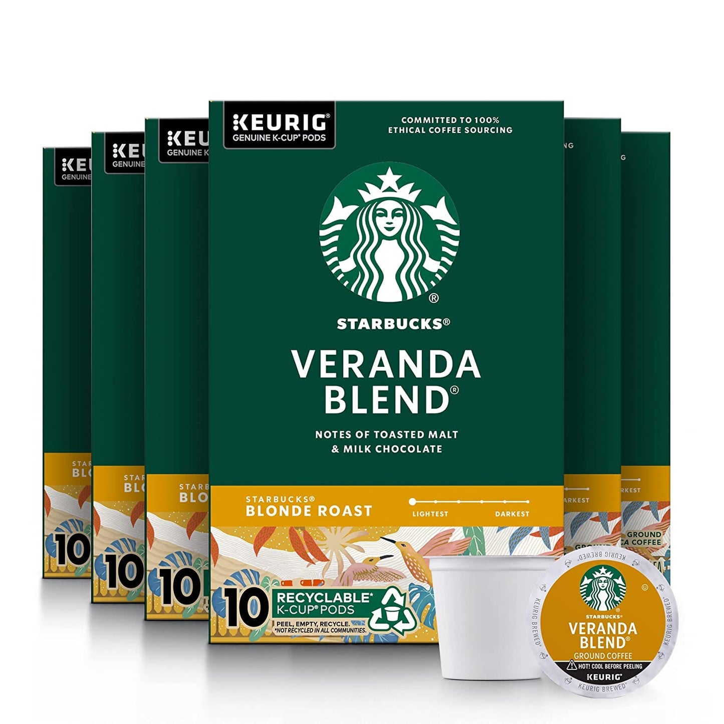 Starbucks Blonde K-Cup coffee pods in variety pack with medium, dark roast, and flavored options for hot or iced coffee.