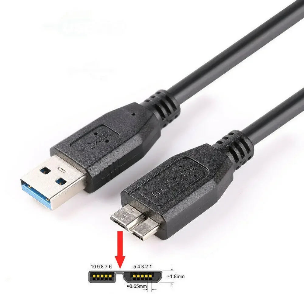 USB 3.0 cable for Seagate Backup Plus Slim and WD Elements 2.5-inch portable hard drives, shown in black with MicroUSB connector.
