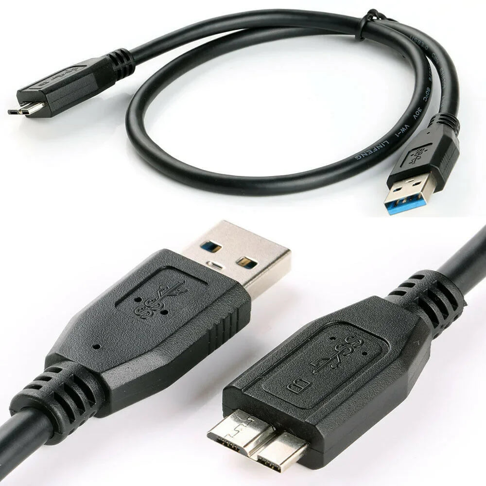 USB 3.0 cable for Seagate Backup Plus Slim and WD Elements 2.5-inch portable external hard drives, black MicroUSB connector.