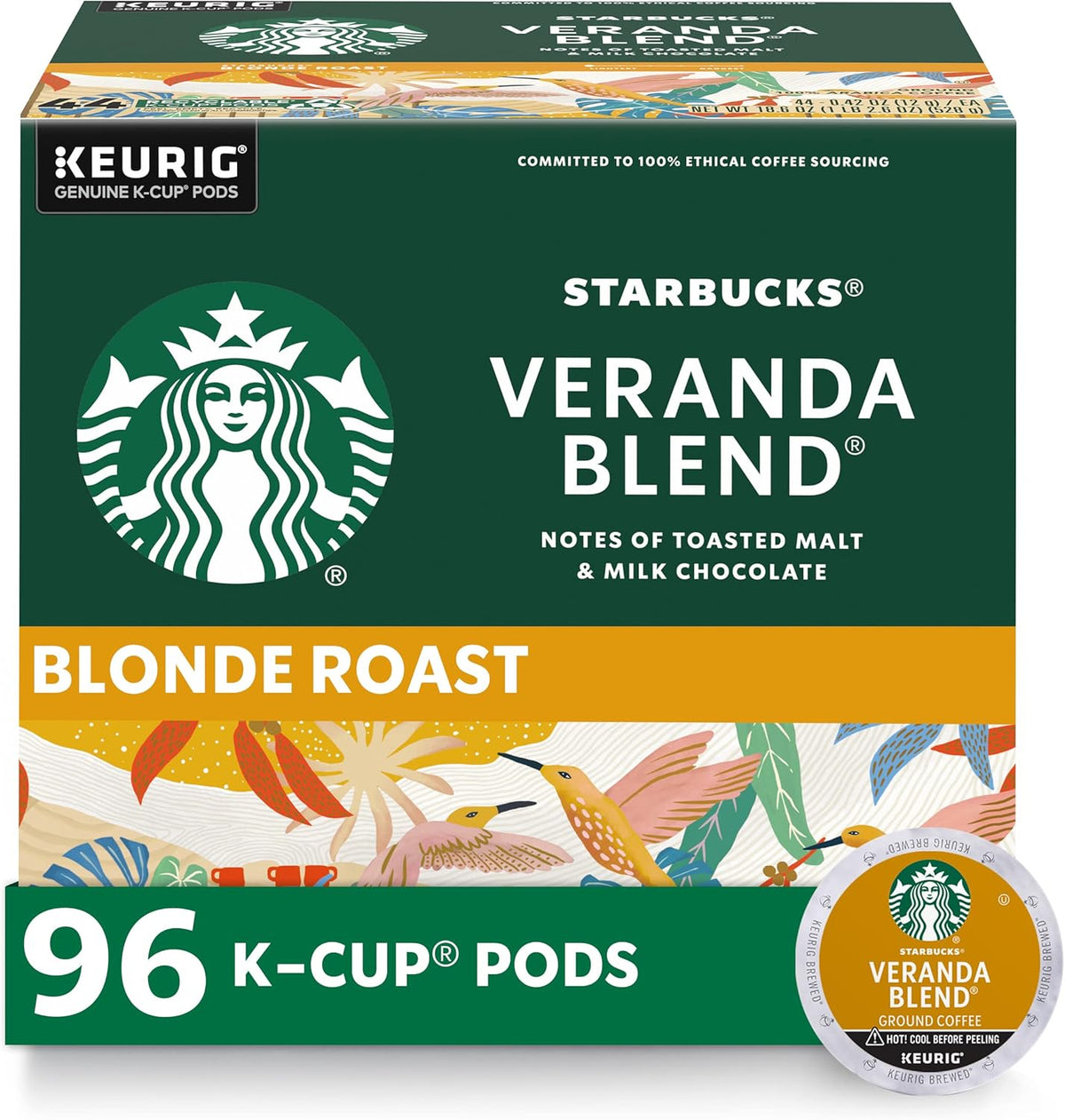 Starbucks Blonde Roast K-Cup coffee pods, Veranda Blend, 60-pack for Keurig, hot or iced coffee, with packaging shown.