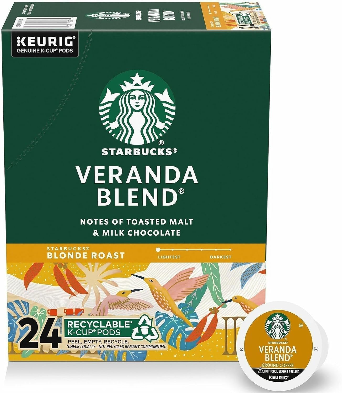 Starbucks Blonde Roast K-Cup coffee pods for Keurig, Veranda Blend, 60-pack for hot or iced coffee, shown in a box with pods