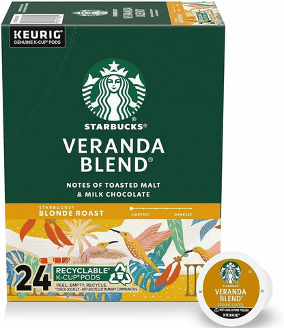 Starbucks Blonde Roast K-Cup coffee pods for Keurig, Veranda Blend, 60-pack for hot or iced coffee, shown in a box with pods
