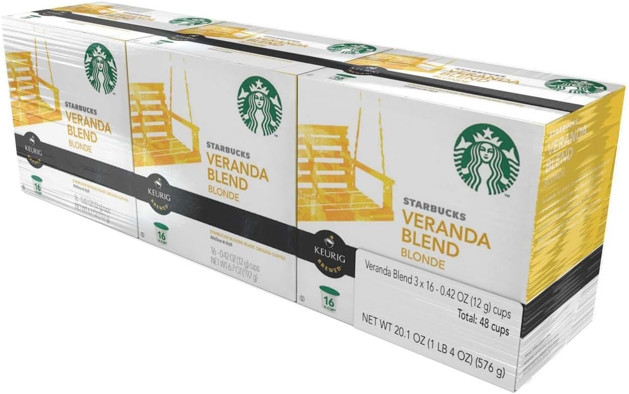 Starbucks Blonde Roast K-Cup coffee pods, Veranda Blend, for Keurig, shown in a pack of 60 for hot or iced coffee.