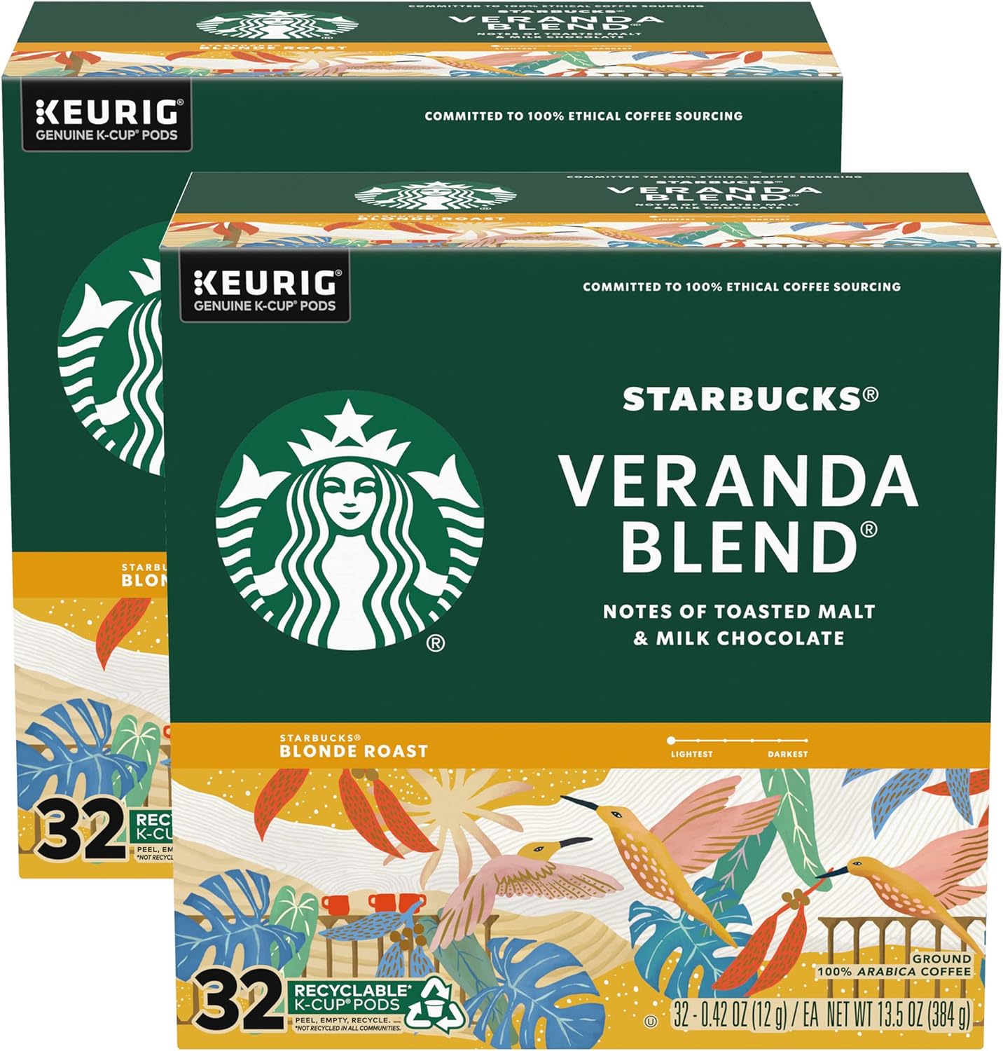 Starbucks Blonde Roast K-Cup coffee pods for Keurig, Veranda Blend, hot or iced coffee, 60-pack, with Sunsera blend packaging.