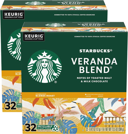 Starbucks Blonde Roast K-Cup coffee pods for Keurig, Veranda Blend, hot or iced coffee, 60-pack, with Sunsera blend packaging.