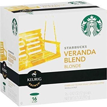 Starbucks Blonde Roast K-Cup coffee pods for Keurig, Veranda Blend, hot or iced, 60-pack, with packaging and pods visible.
