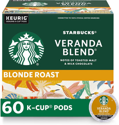 Starbucks Blonde Roast Veranda Blend K-Cup coffee pods for Keurig, hot or iced, 72-pack, featuring light, smooth coffee flavor.