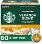 Starbucks Blonde Roast Veranda Blend K-Cup coffee pods for Keurig, hot or iced, 72-pack, featuring light, smooth coffee flavor.