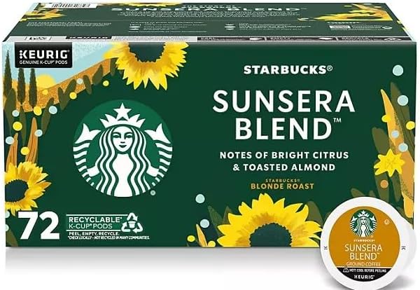 Starbucks Blonde Roast Veranda Blend K-Cup coffee pods for Keurig, hot or iced, 72-pack, featuring light, smooth coffee.