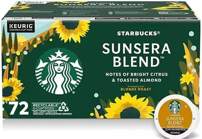 Starbucks Blonde Roast Veranda Blend K-Cup coffee pods for Keurig, hot or iced, 72-pack, featuring light, smooth coffee.