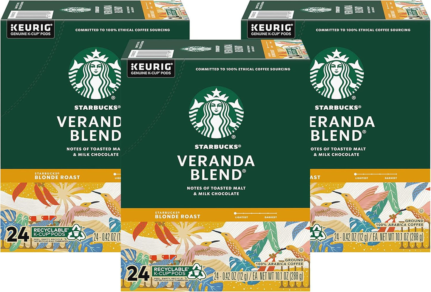 Starbucks Blonde Roast K-Cup coffee pods, Veranda Blend, hot or iced, 60 Keurig-compatible pods in a box