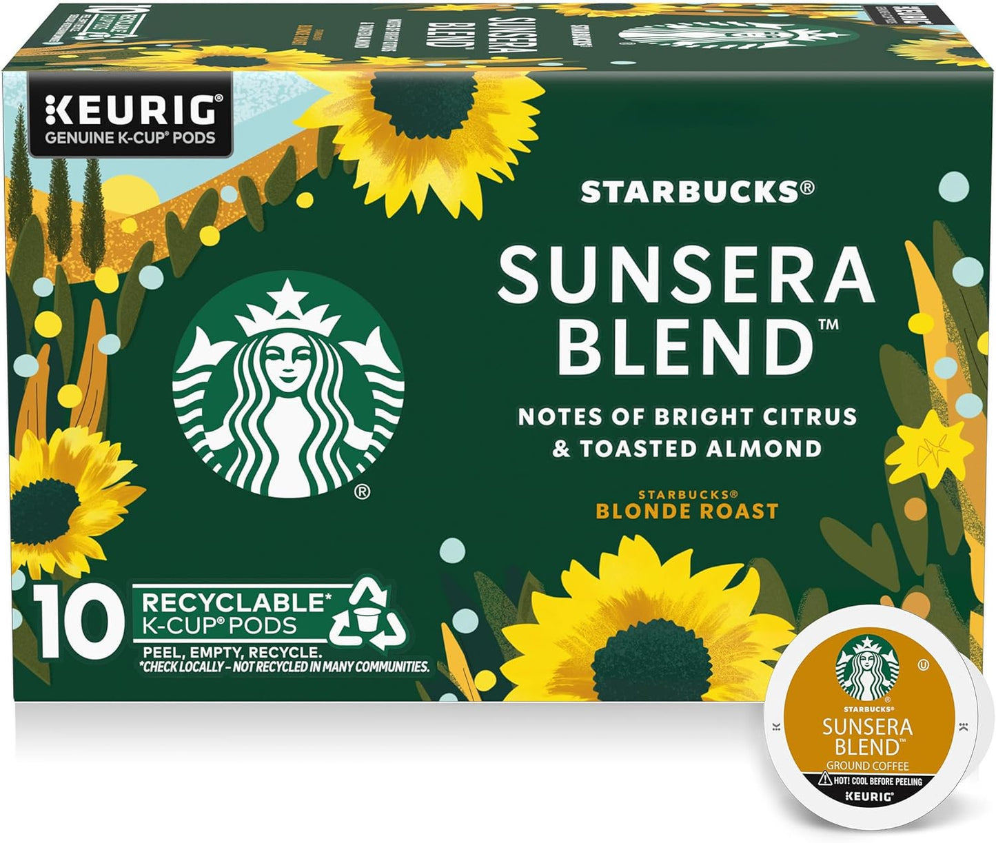 Starbucks Blonde Roast K-Cup coffee pods Veranda Blend for Keurig, hot or iced, 60-pack, with packaging and pods visible.