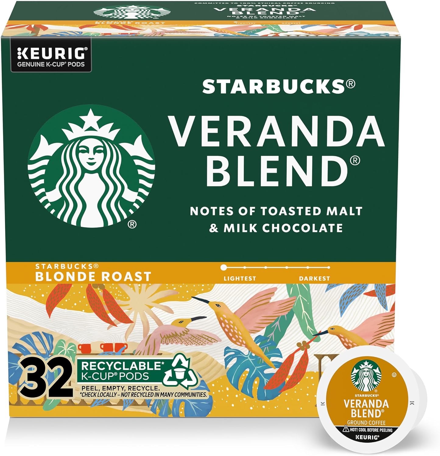 Starbucks Blonde Roast K-Cup coffee pods for Keurig, Veranda Blend, hot or iced, 60-pack, with packaging and pods visible