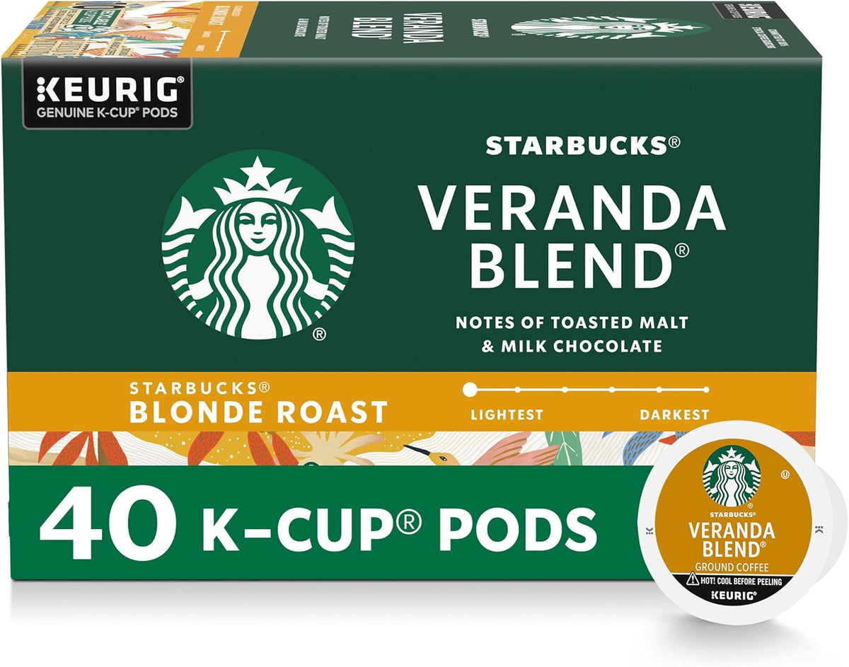 Starbucks Blonde Roast K-Cup coffee pods for Keurig, Veranda Blend, 60-pack, hot or iced coffee, in a box with 72 pods.