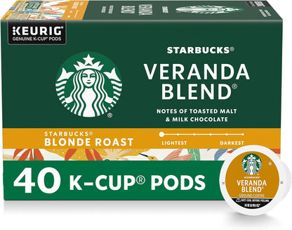 Starbucks Blonde Roast K-Cup coffee pods for Keurig, Veranda Blend, 60-pack, hot or iced coffee, in a box with 72 pods.