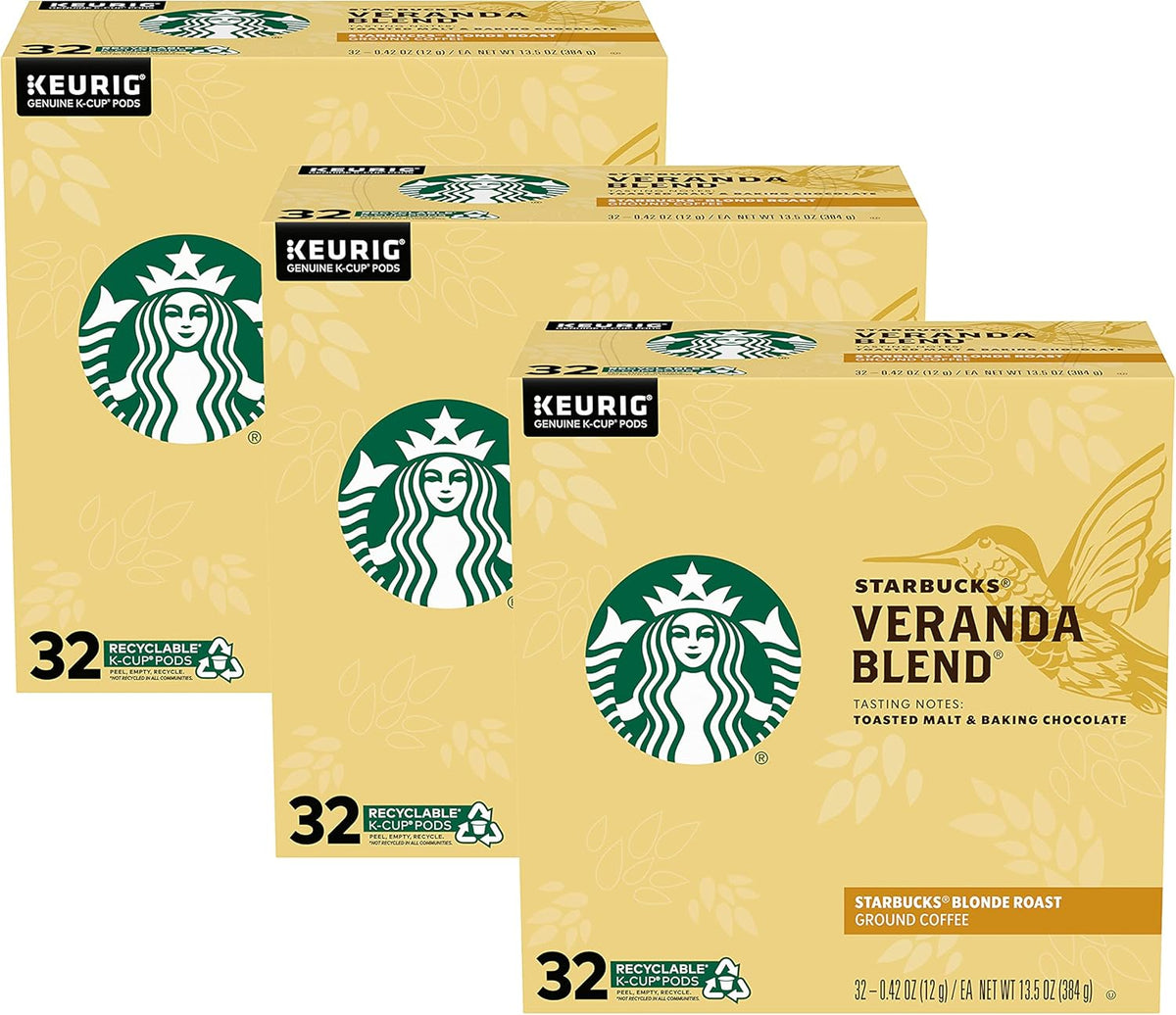 Starbucks Blonde Roast Veranda Blend K-Cup coffee pods for Keurig, 60-pack, suitable for hot or iced coffee.