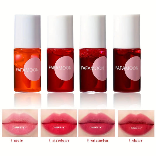 Assorted 4-color Fruity Lip Tint Water Gloss by BackupMyFilesNow.com, showcasing vibrant, moisturizing, waterproof liquid lipsticks.