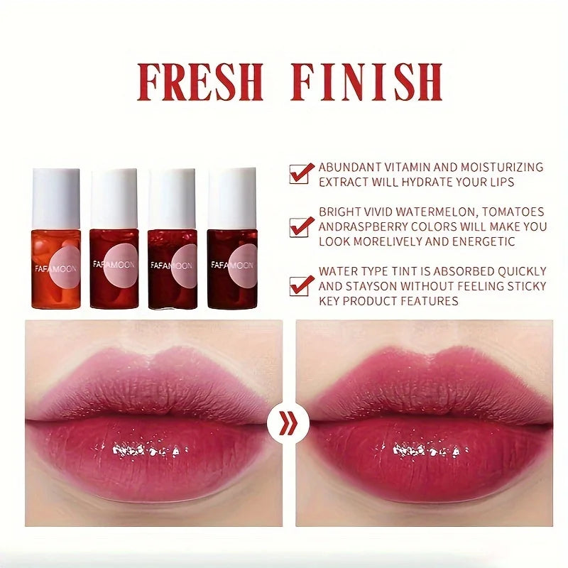Four-color fruity lip tint water gloss by BackupMyFilesNow.com showing long-lasting, moisturizing, waterproof liquid lipstick with high pigment.