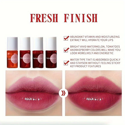 Four-color fruity lip tint water gloss by BackupMyFilesNow.com showing long-lasting, moisturizing, waterproof liquid lipstick with high pigment.