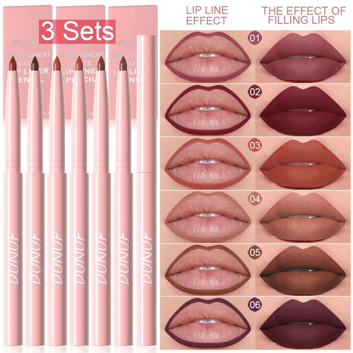 6-piece BackupMyFilesNow.com lip liner pen set featuring waterproof, sweatproof, long-lasting, and easy-to-apply lip color.
