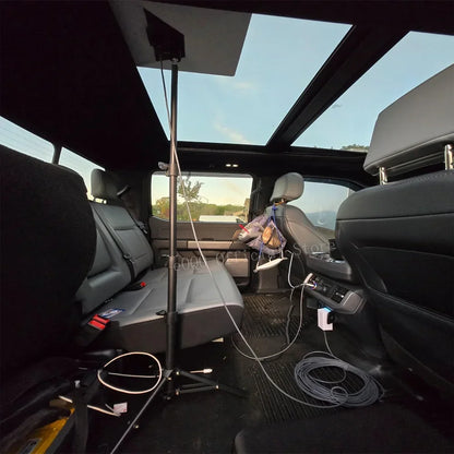 Starlink Mini V4 tripod mount by BACKUPMYFILESNOW.COM® showing adjustable height and tilt, ideal for outdoor camping and RV travel.