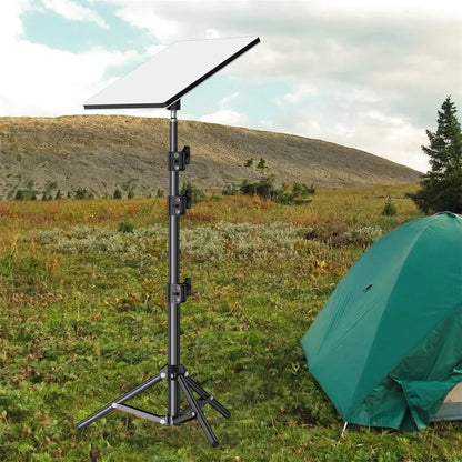 Starlink Mini V4 tripod mount by BACKUPMYFILESNOW.COM, outdoor portable tripod with adjustable height and tilt for camping and RV travel.