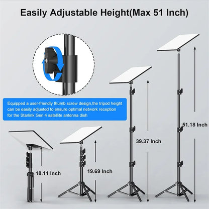 Starlink Mini V4 tripod mount attached to outdoor setup, showing adjustable height and tilt for camping and RV travel.