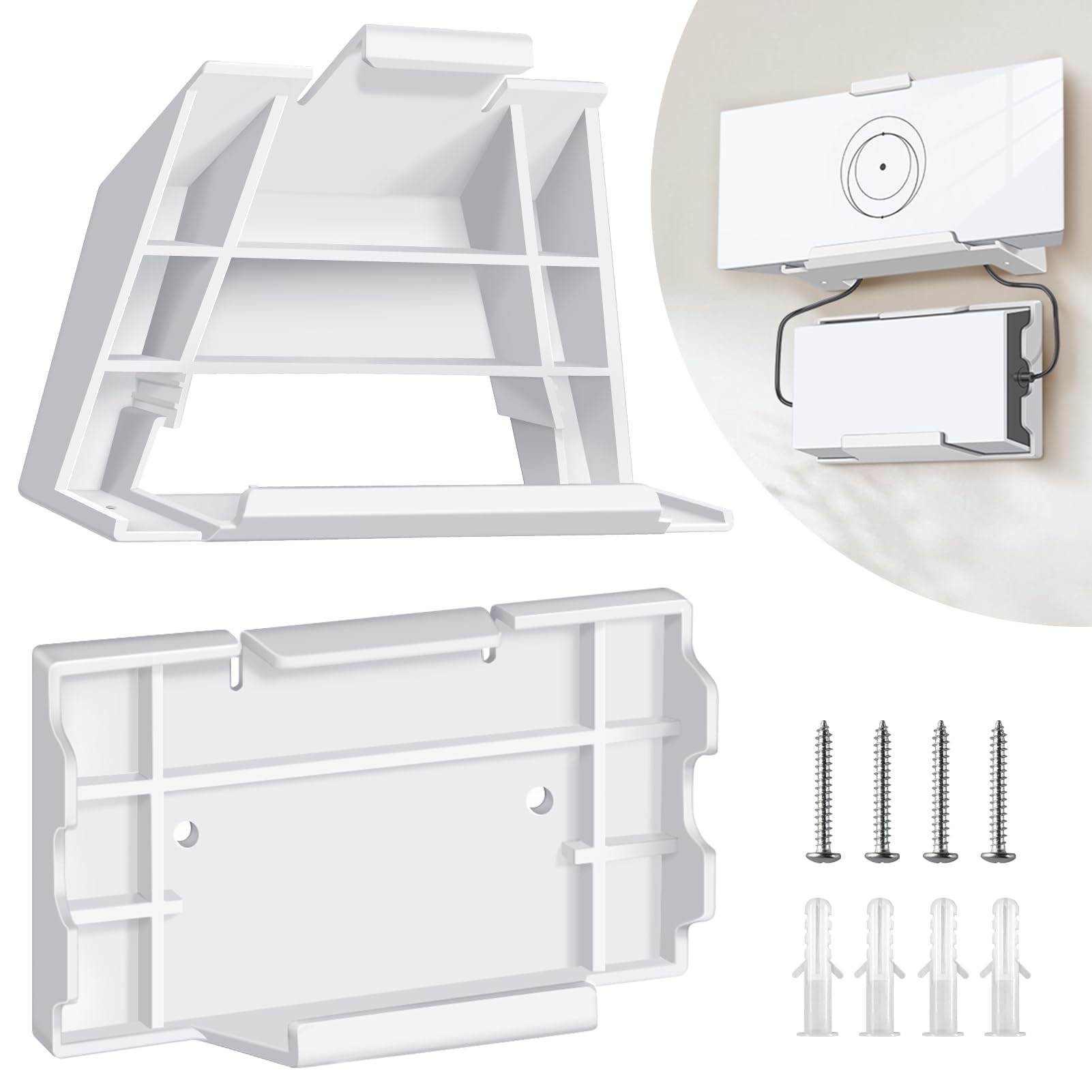 White wall mount bracket for Starlink Gen 3 router and power supply, designed for space-saving installation.