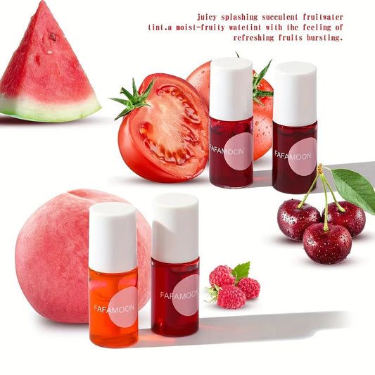 Fruity Lip Tint Water Gloss in a clear tube, showcasing vibrant, high-pigment liquid lipstick with moisturizing, waterproof formula.