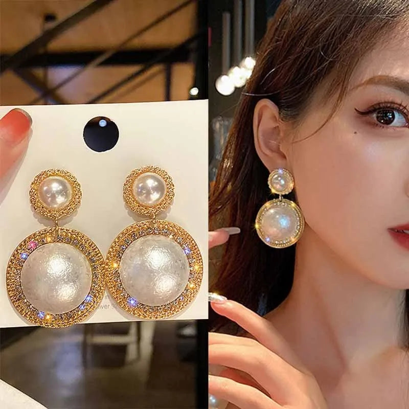 Gold large crystal pearl drop earrings for women, stylish Korean and European fashion jewelry, perfect for parties and special occasions.