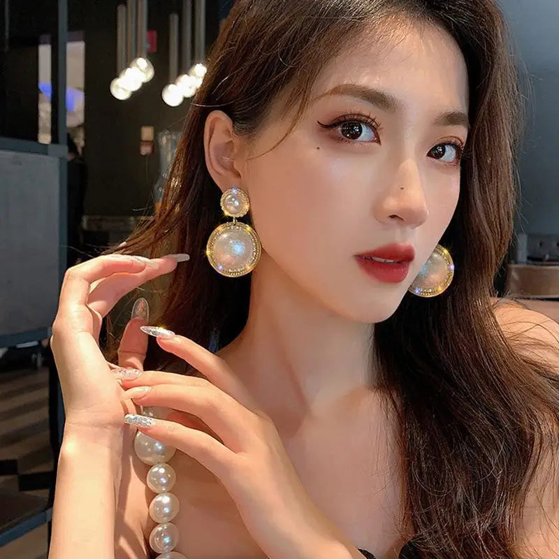 Gold large crystal pearl drop earrings for women, Korean fashion jewelry, elegant European-American style, perfect for parties