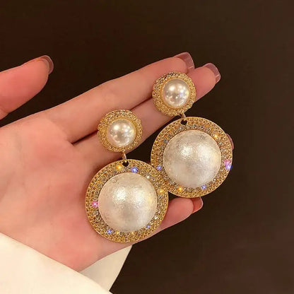 Large gold crystal pearl drop earrings for women, stylish Korean and European fashion jewelry perfect for parties.