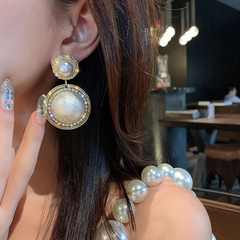 Gold large crystal pearl drop earrings for women, stylish Korean fashion jewelry, perfect for parties and elegant occasions