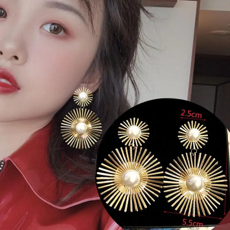 Large gold crystal pearl drop earrings for women, stylish Korean and European fashion jewelry, perfect for parties and special occasions.