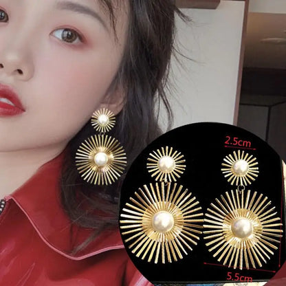 Large gold crystal pearl drop earrings for women, stylish Korean and European fashion jewelry, perfect for parties and special occasions.