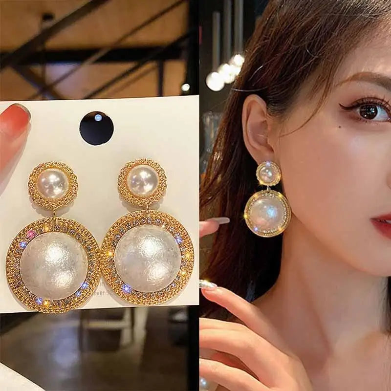 Large gold crystal pearl drop earrings for women, stylish Korean and European-inspired jewelry, perfect for parties and special occasions.
