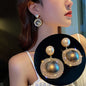 Gold large crystal pearl drop earrings for women, stylish Korean and European American fashion jewelry, perfect for parties.