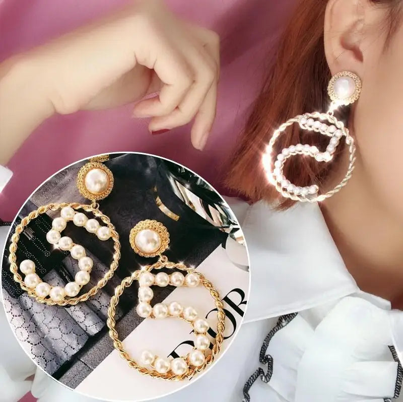 Large gold crystal pearl drop earrings for women, stylish Korean and European fashion jewelry, perfect for parties and special occasions.